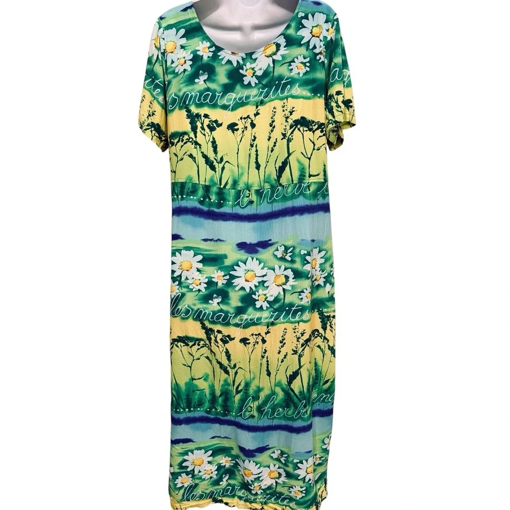 VTG‎ Jams World Maxi Dress L Herb Daisies Art Print 90s Whimsigoth Resort